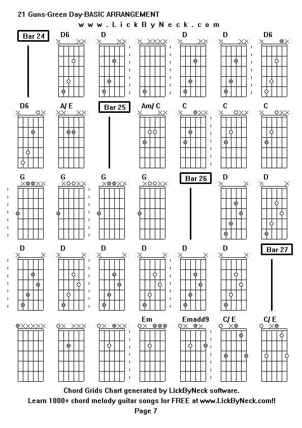 Chord Grids Chart of chord melody fingerstyle guitar song-21 Guns-Green Day-BASIC ARRANGEMENT,generated by LickByNeck software.